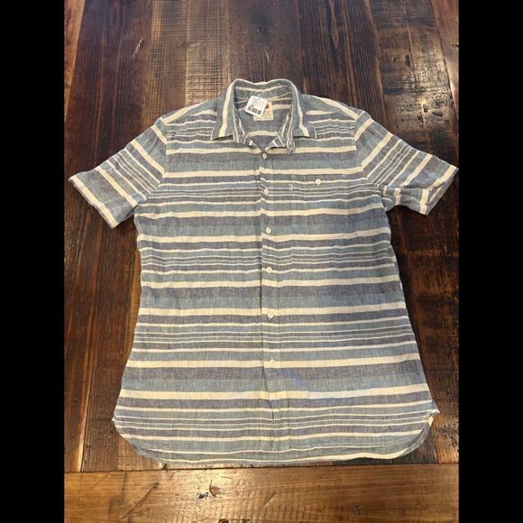 LEVIS Size XL Standard Men's Button Up Short Sleeve Shirt Striped Linen Blue - Picture 1 of 3